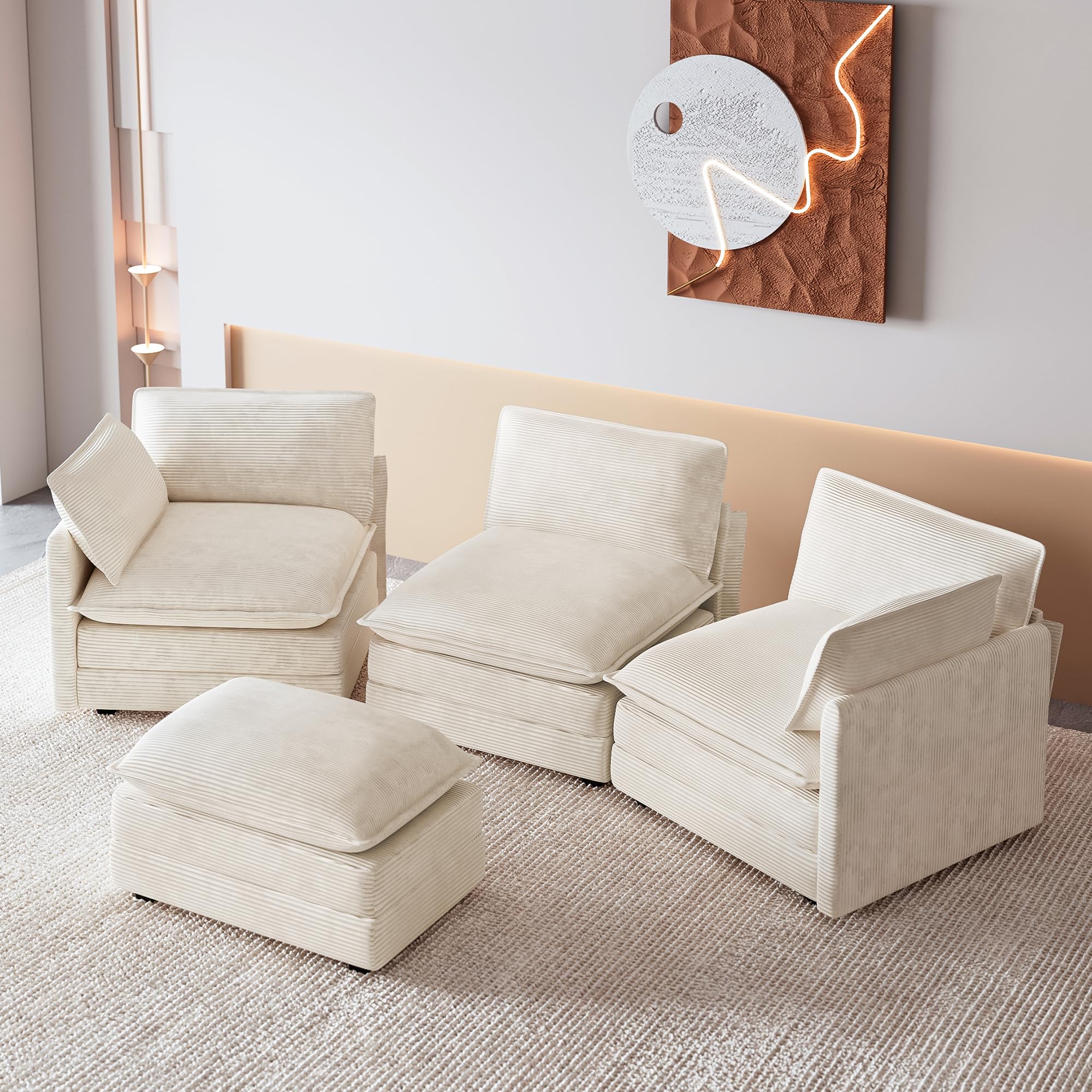 112'' Oversized Modular Sectional Cloud Couch with Movable Ottoman, 4 Seat Modern Corduroy Sofa, Deep Seat L Shaped Couch for Living Room Bedroom Apartment, Cream