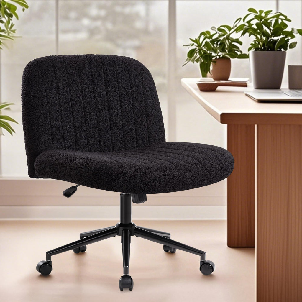 Criss Cross Chair Cross Legged Office Chair with Wheels Armless Wide Seat Desk Chairs Height Adjustable Computer Task Chairs Swivel Vanity Chair for Home Office Bedroom Make Up Teddy Fabric Black