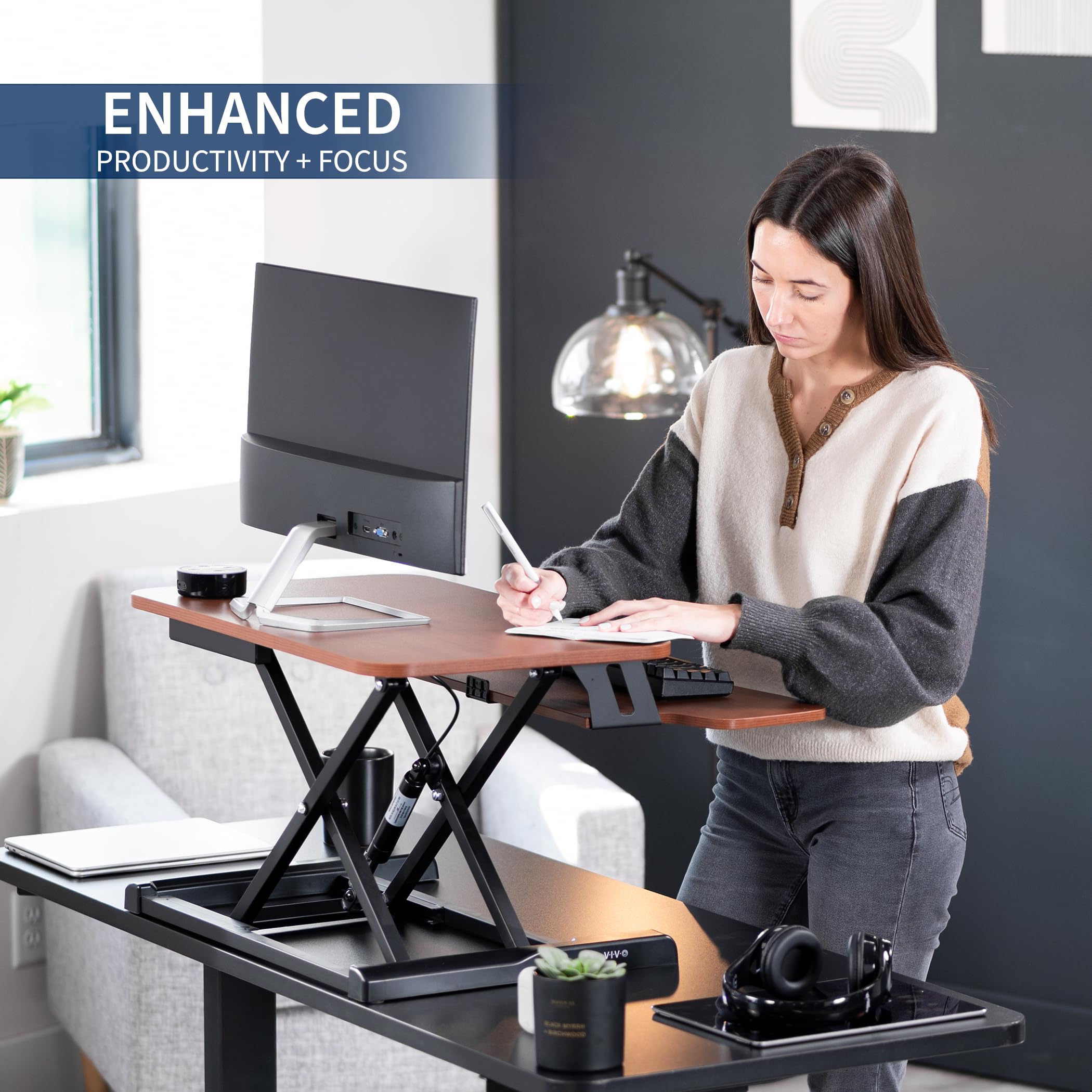 26 inch Desk Converter, K Series, Height Adjustable Sit to Stand Riser, Dual Monitor and Laptop Workstation with Keyboard Tray, Dark Walnut Top, Black Frame, DESK-V026KA