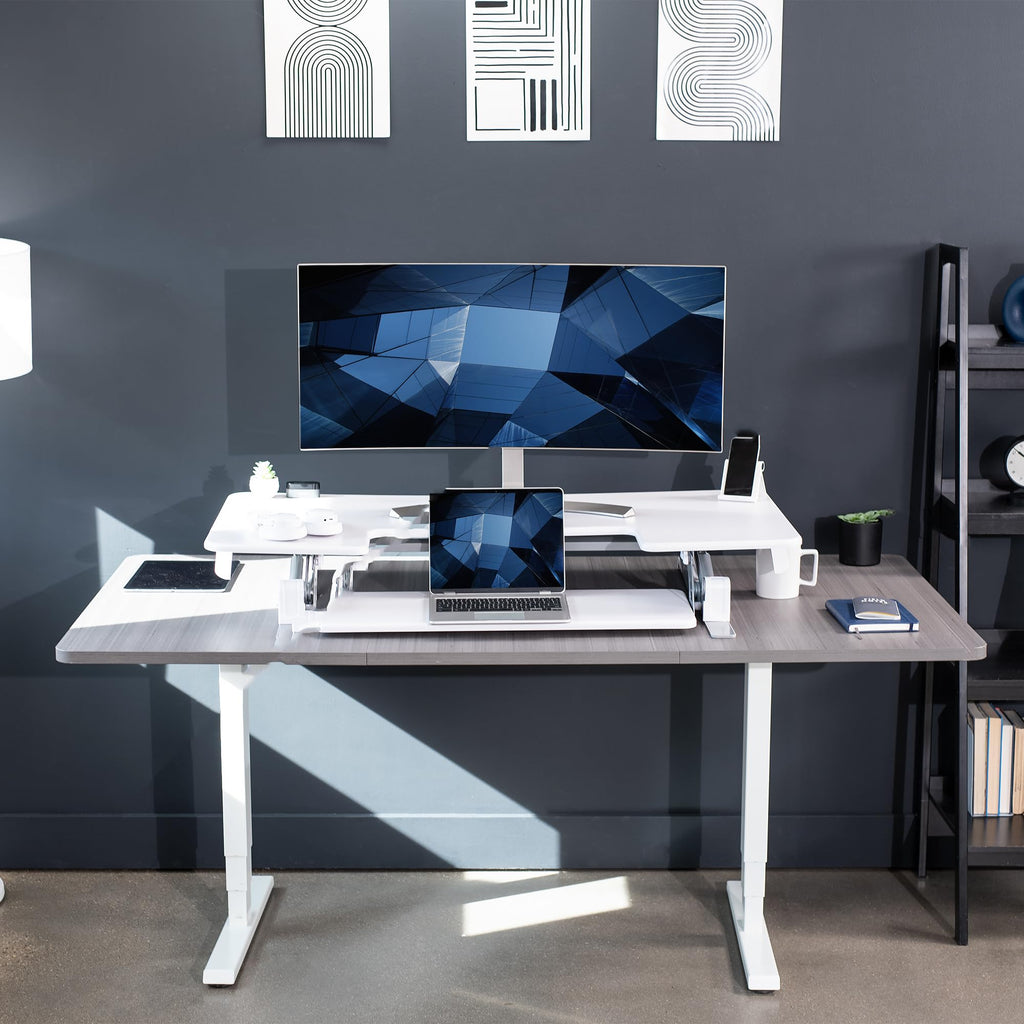 48 inch Height Adjustable Large Stand Up Desk Converter, V Series, Quick Sit to Stand Tabletop Dual Monitor Riser Workstation, White, DESK-V048VW
