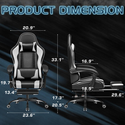 Gaming Chair, Video Game Chair with Footrest and Massage Lumbar Support, Ergonomic Computer Chair Height Adjustable with Swivel Seat and Headrest (White)