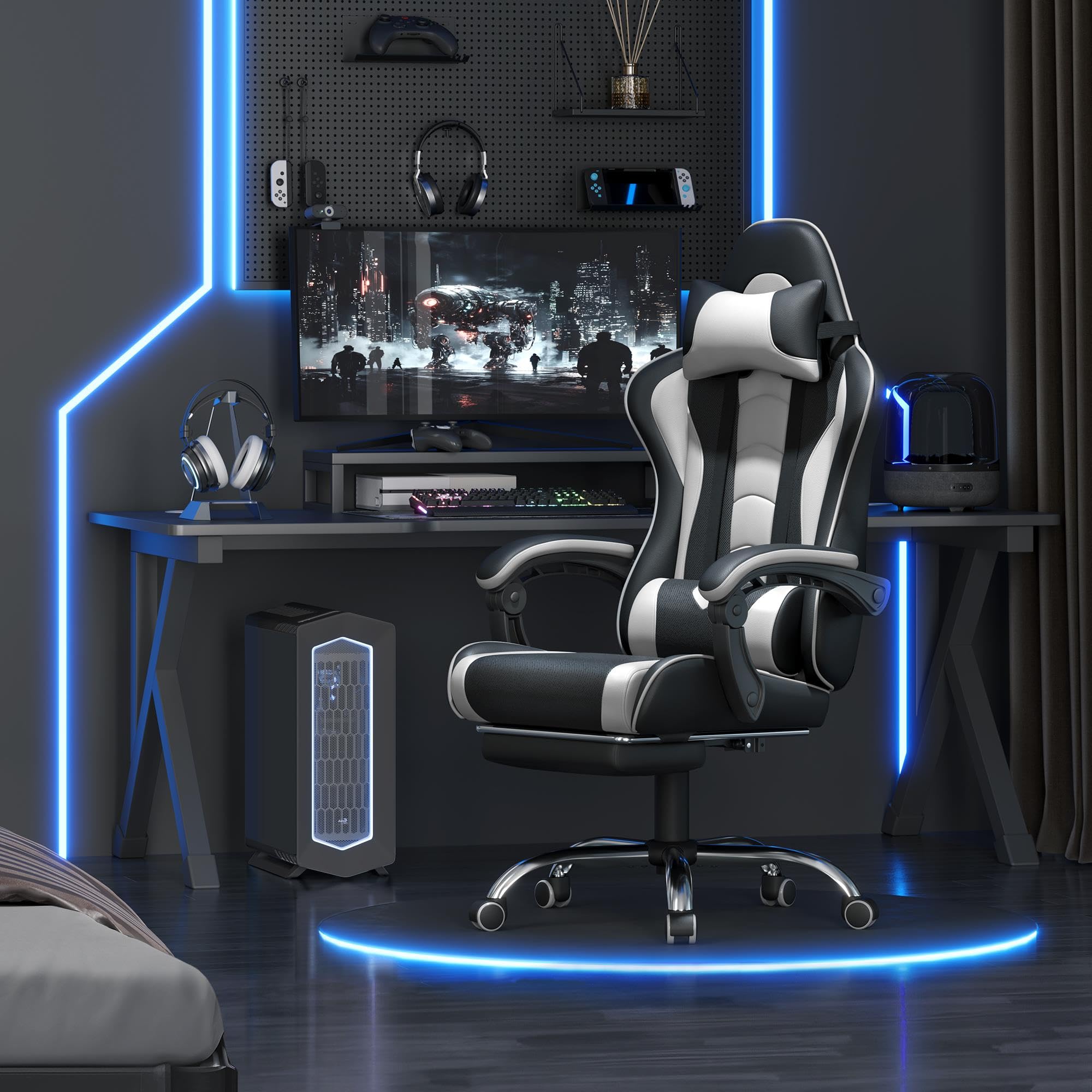 Gaming Chair with Electric Massage Lumbar Support, Footrest & Headrest — Ergonomic High Back Recliner for Home Office, Computer Desk Chair, Height Adjustable, 300 lbs, Black/White