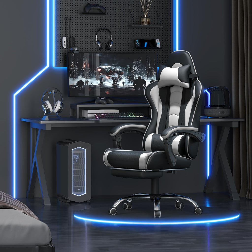 Gaming Chair with Electric Massage Lumbar Support, Footrest & Headrest — Ergonomic High Back Recliner for Home Office, Computer Desk Chair, Height Adjustable, 300 lbs, Black/White
