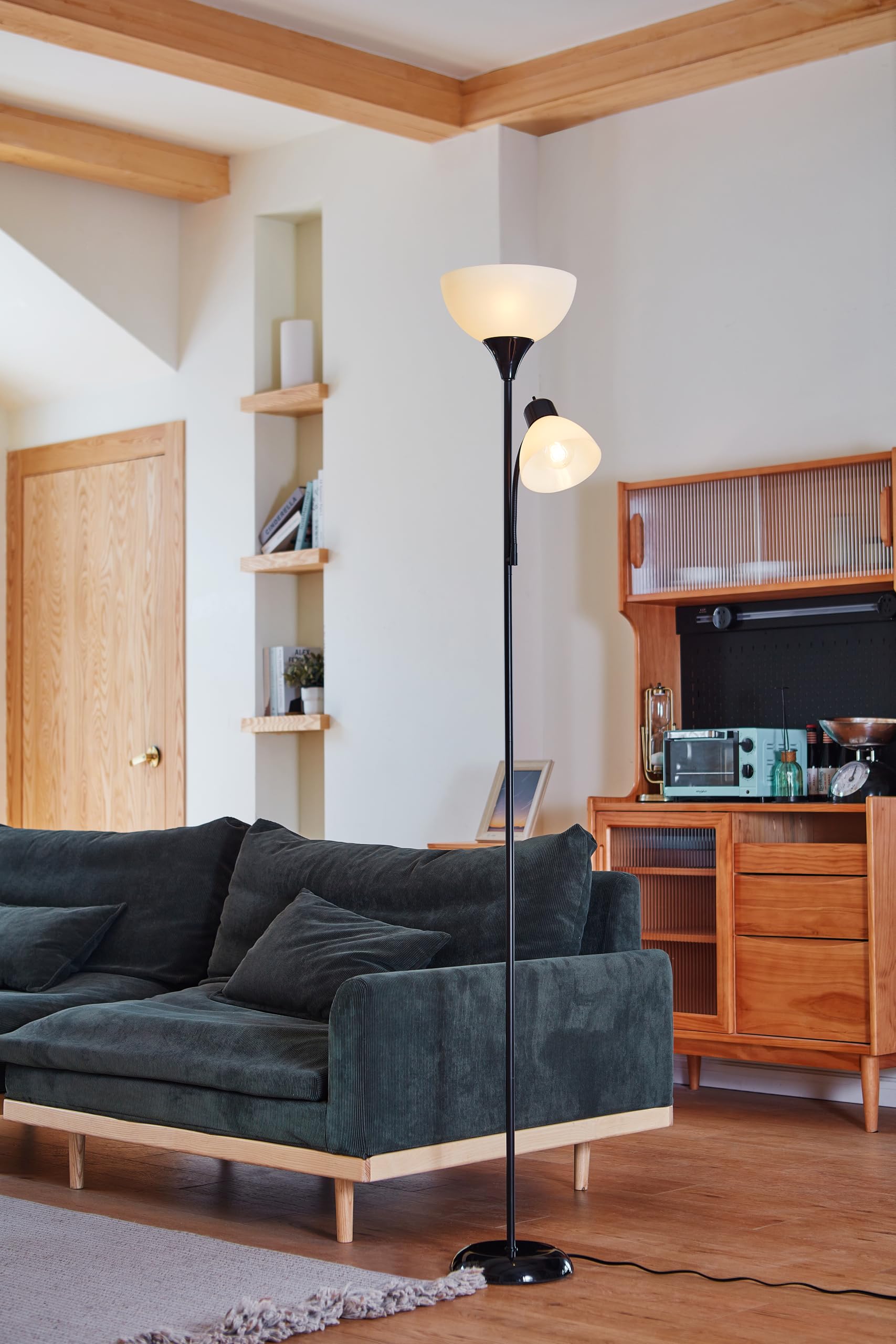 72" Torchiere Floor Lamp and Adjustable Reading Light, Matte Black, Frosted Shade, Dual Rotary Switch, 3-Step Dimming, Modern Lighting for Living Room or Office