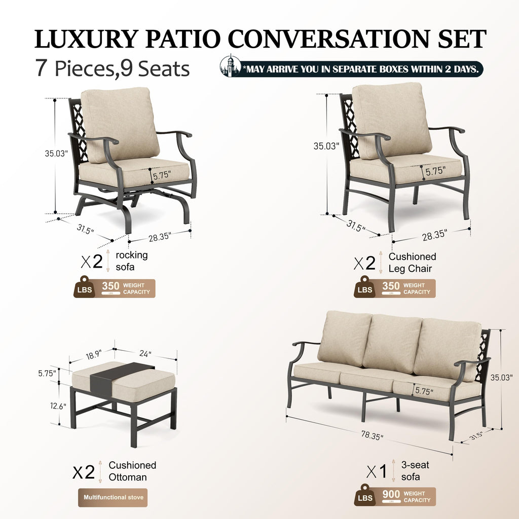 7 Piece Patio Furniture Set, 2 x Rocking Chair, 2 x Fixed Chair, 2 x Ottoman, 1 x 3-Seat Sofa, All Cushioned 9 Seats Outdoor Conversation Set for Lawn Garden Backyard