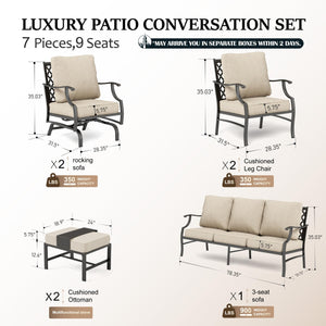 7 Piece Patio Furniture Set, 2 x Rocking Chair, 2 x Fixed Chair, 2 x Ottoman, 1 x 3-Seat Sofa, All Cushioned 9 Seats Outdoor Conversation Set for Lawn Garden Backyard