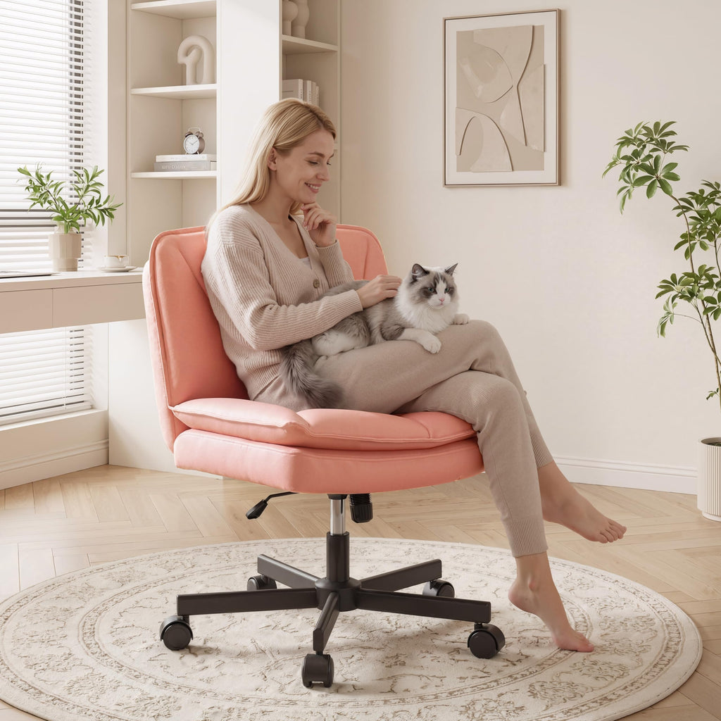 Criss Cross Chair with Wheels,Cross Legged Office Chair with 2 Layer Cushion,Wide Seat,Leather,Amless, for Home,Office,Make Up,Vanity,Bed Room,Pink
