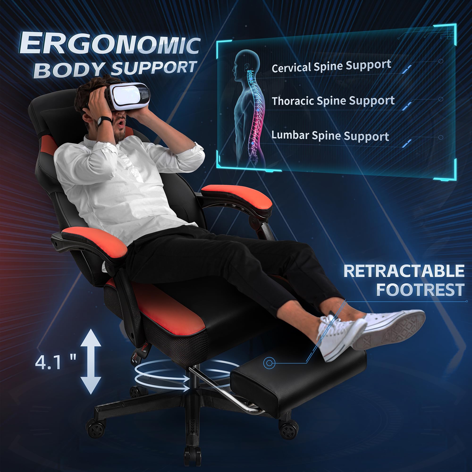 Gaming Chairs for Adults, Computer Chair with Footrest, High Back, Big and Tall Gamer Chair‘s with Massage Lumbar Support, 360° Swivel Height Adjustable Computer Chaires, Dark Red