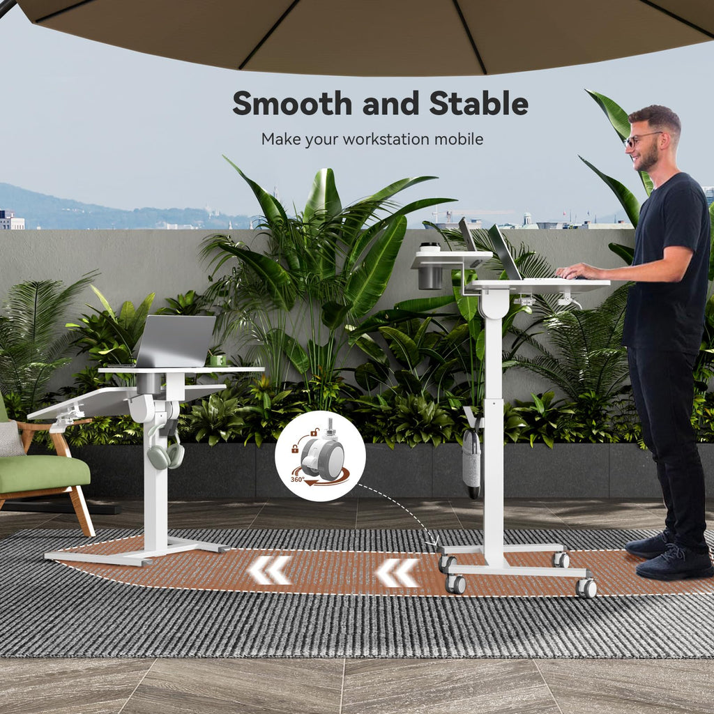 28Inch Mobile Standing Desk On Wheels， Rolling Laptop Stand with Tiltable Desktop， Small Computer Workstation Adjustable Height， 2-Tier Portable Study Table with Storage Shelves， White