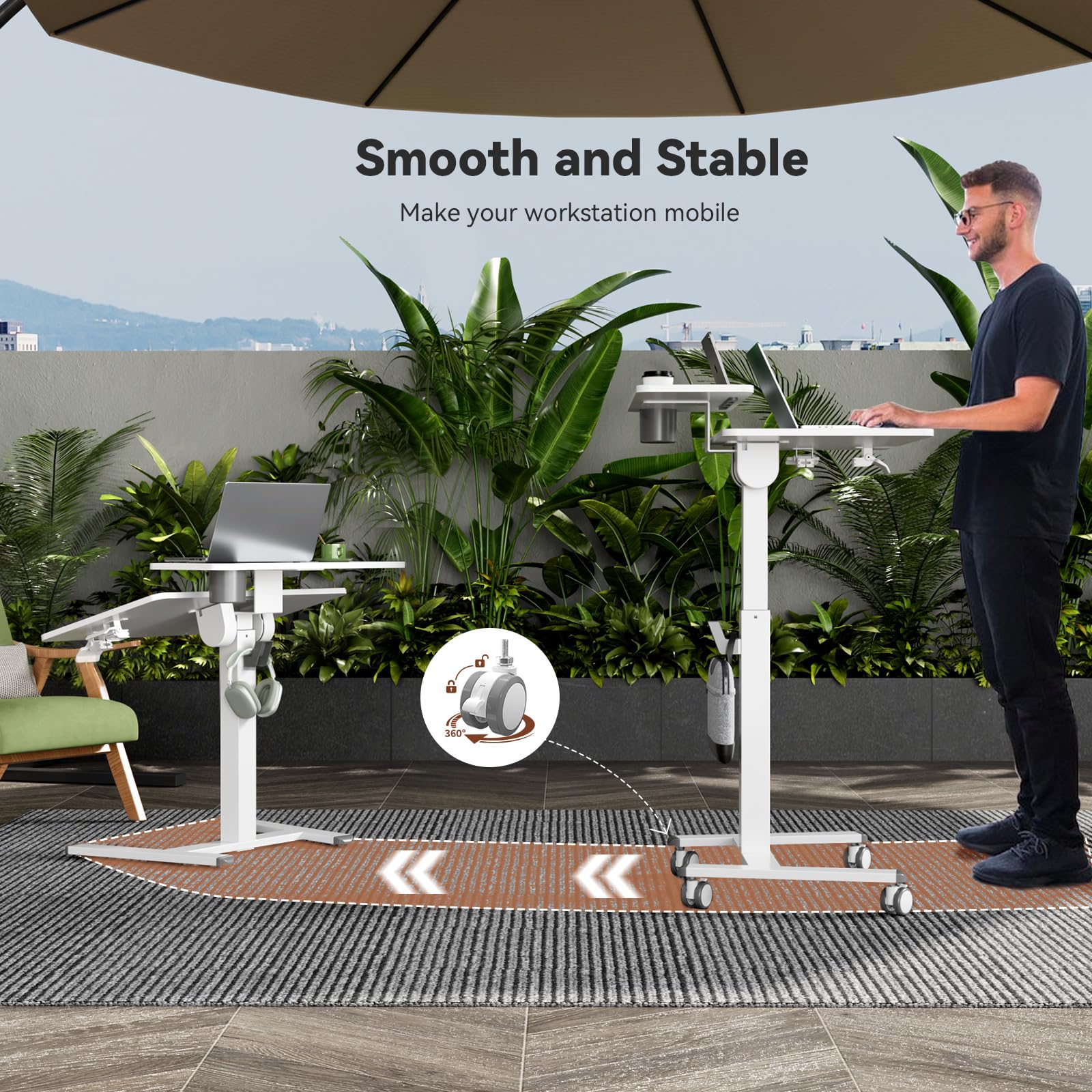 28Inch Mobile Standing Desk On Wheels， Rolling Laptop Stand with Tiltable Desktop， Small Computer Workstation Adjustable Height， 2-Tier Portable Study Table with Storage Shelves， White
