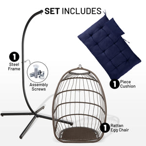 Egg Chair with Stand – Hanging Rattan Wicker Swing for Indoor Outdoor Use – 350 lbs Capacity, Breathable Cushion & Headrest – Patio, Balcony, Porch, Bedroom Lounge Furniture