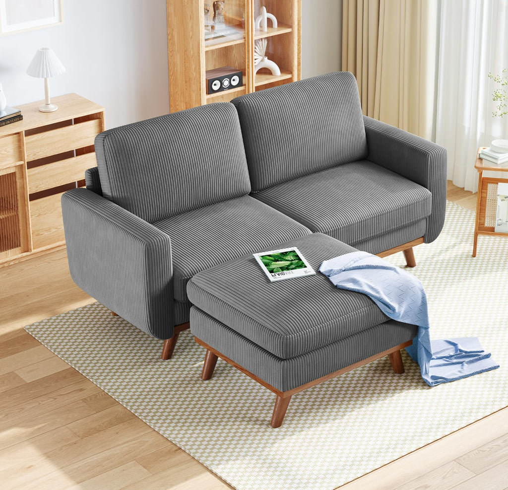 68" Loveseat Sofa with Movable Ottoman, Comfy Corduroy Couch with Spring Cushion, Sofa Couch with Solid Wood, Modern Office Sofa with Deep Seat for Living Room and Bedroom, Dark Gray