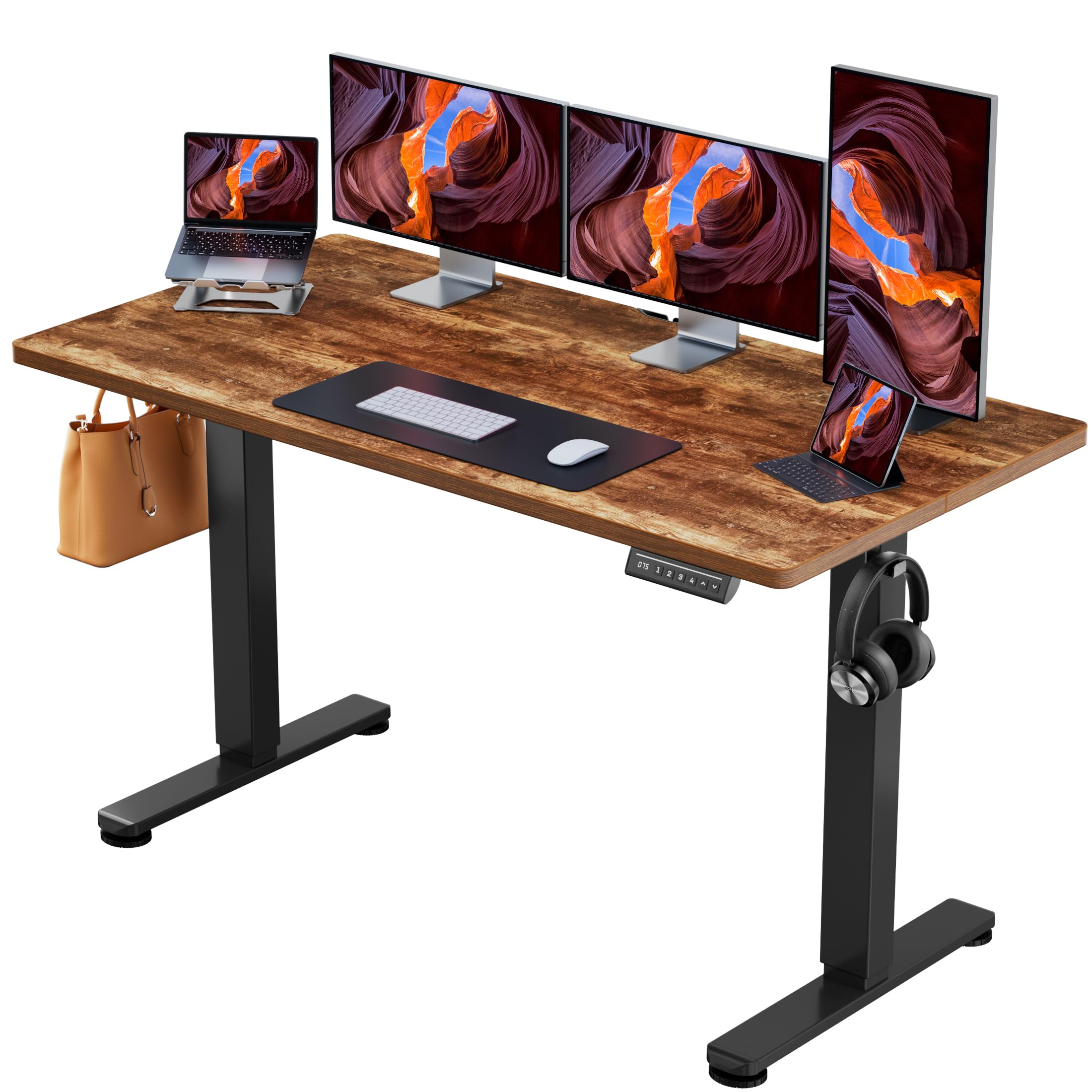 Height Adjustable Electric Standing Desk, 55 x 28 Inches Sit Stand up Desk, Memory Computer Home Office Desk, Vintage Brown