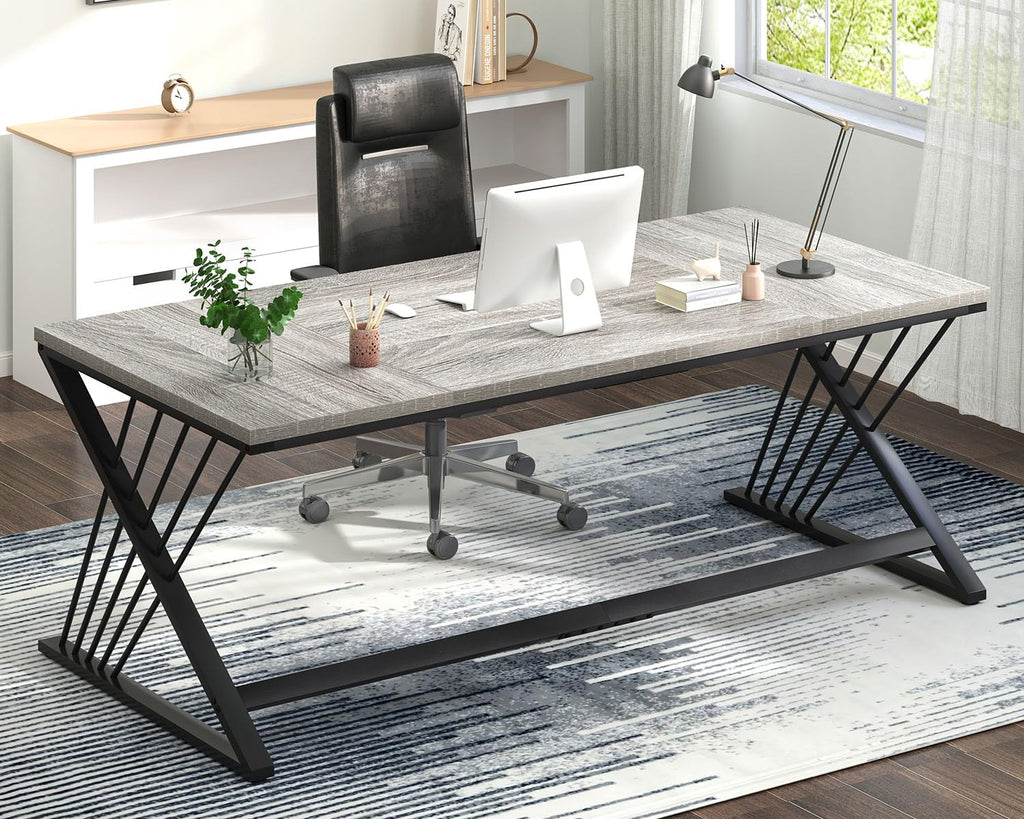 70.9" Industrial Computer Desk with Z-Shaped Legs, Modern Home Office Desk for 2 Person, Large Gaming Executive Workstation Study Table for Bedroom Writing, Light Grey