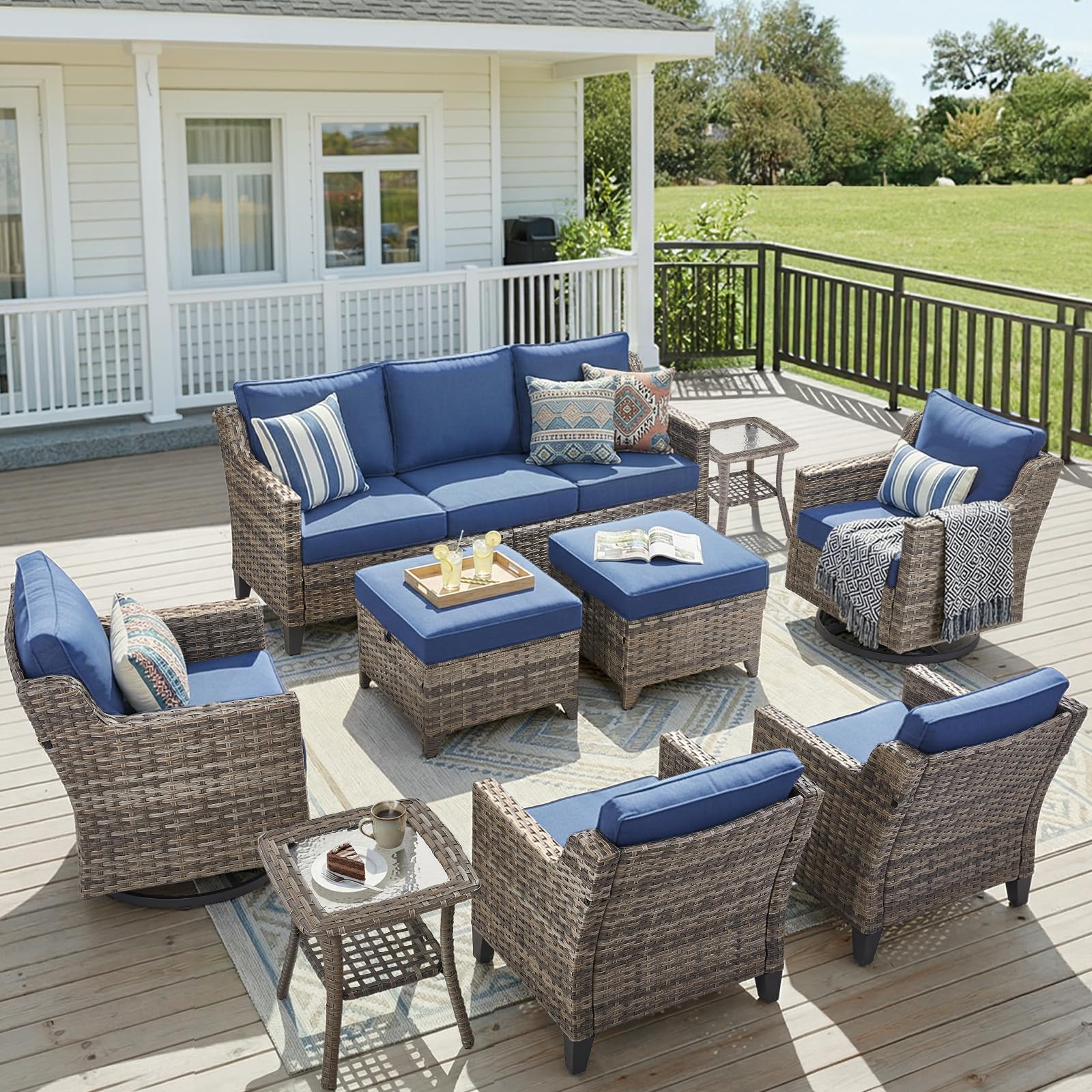 9 Piece Outdoor Patio Furniture Set-All Weather Outdoor Conversation Sets Sectional Sofa with Wicker Swivel Rocker Patio Chairs, Comfy Cushions Ottomans for Porch Balcony Patio Deck Grey/Blue
