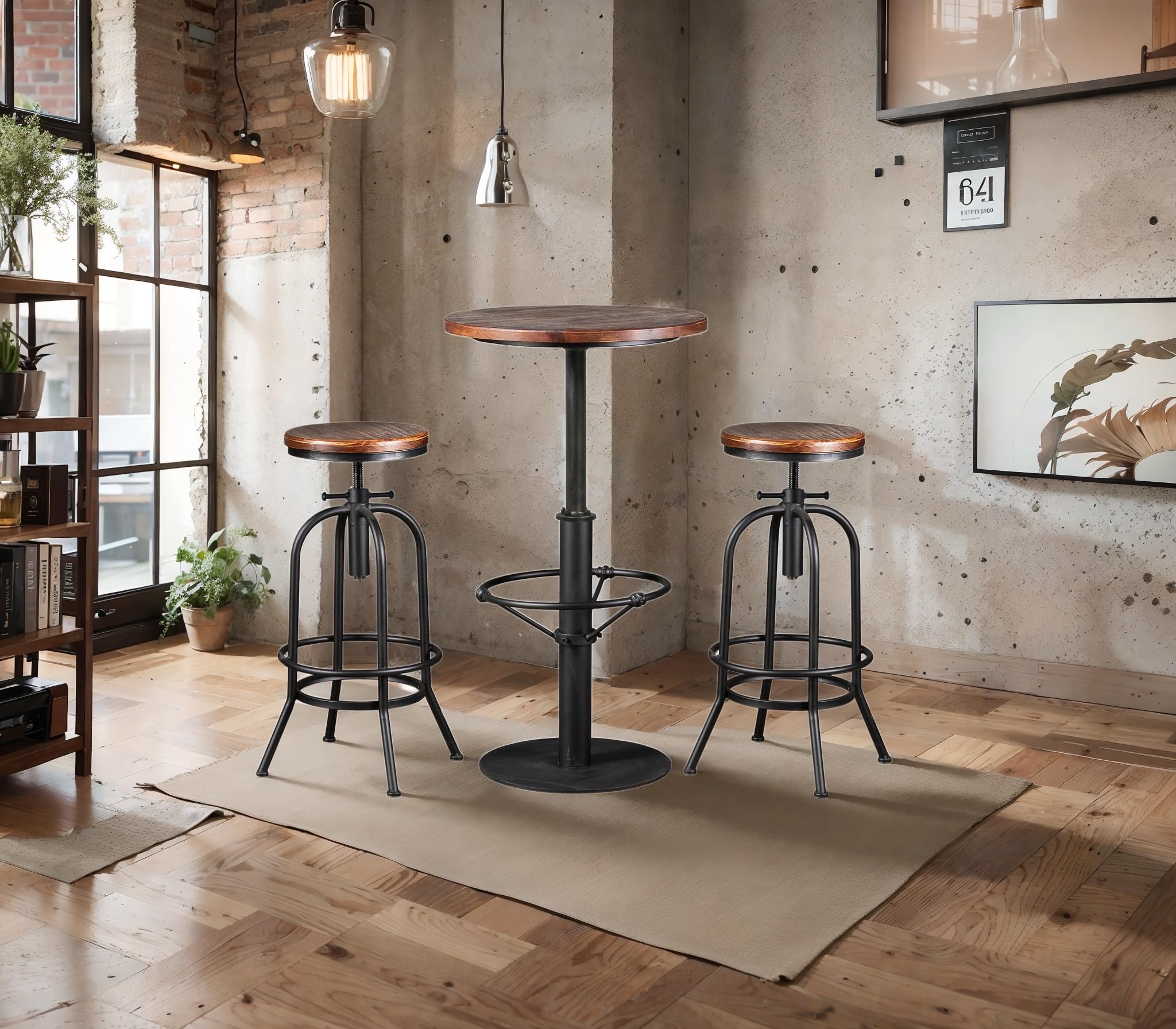 42" Tall Rustic Industrial Bar Table-19.68" Dia Round Wooden Top Metal Bar Height Adjustable Standing Pub Table-Dining Room Bistro Table-Cocktail Table