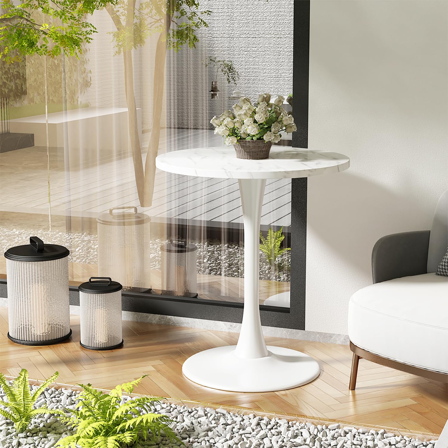 White Marble Round Dining Table 24" Circle Tulip Table with Thickened Tabletop & Sturdy Metal Pedestal Mid Century Modern Leisure Bistro Kitchen Tables 2 People Small Places Living Room Cafe