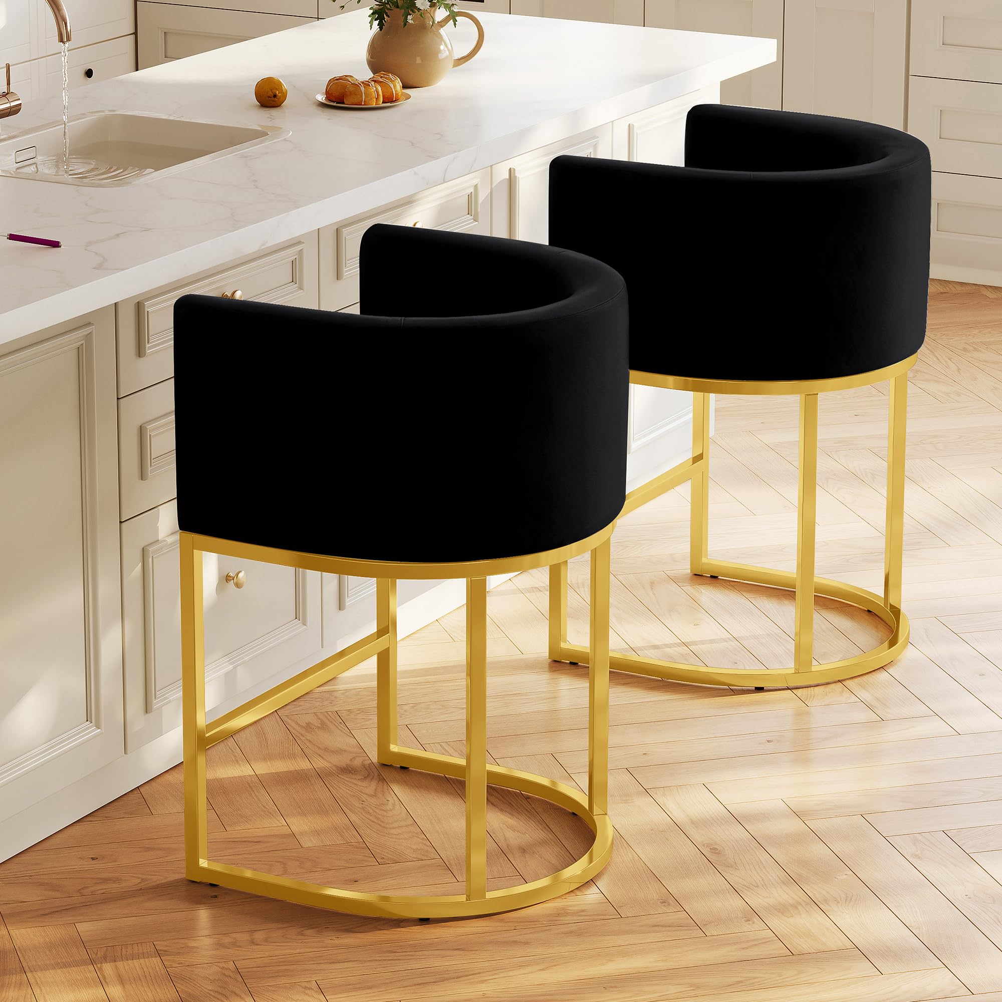 24" Modern Counter Height Bar Stools,Velvet Fabric Upholstered Barrel Barstools with Backs,Island Chairs Bar Stools Set of 1,Metal Gold Frames,Ink Black Velvet