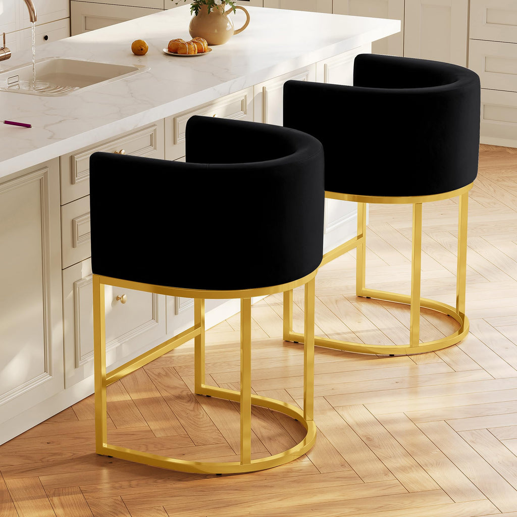26" Modern Counter Height Bar Stools,Velvet Fabric Upholstered Barrel Barstools with Backs,Island Chairs Bar Stools Set of 1,Metal Gold Frames,Ink Black Velvet