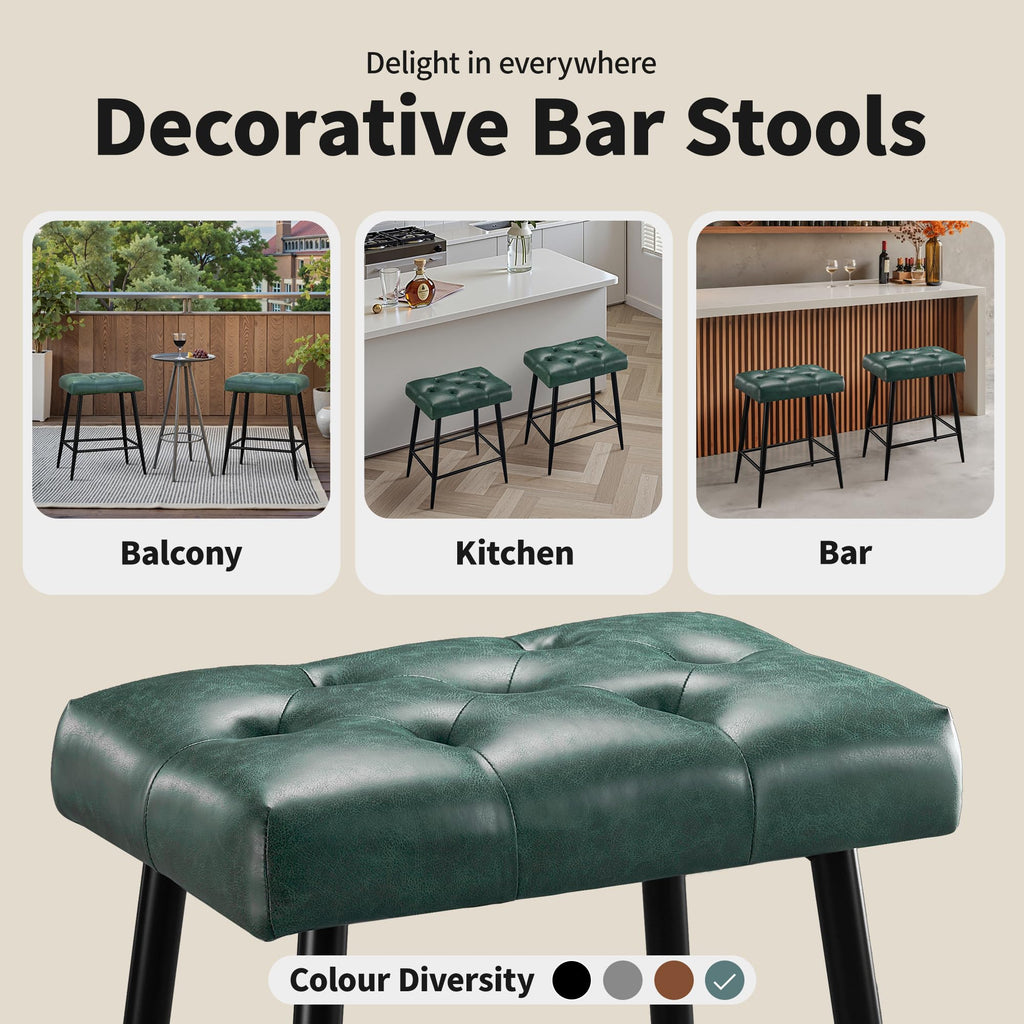 Bar Stools Set of 2, 24 Inch Counter Height Bar Stool for Kitchen Island, Modern Bar Hight Stools with Sturdy Metal Base and Thickened Saddle Cushion, 330Lbs, Green