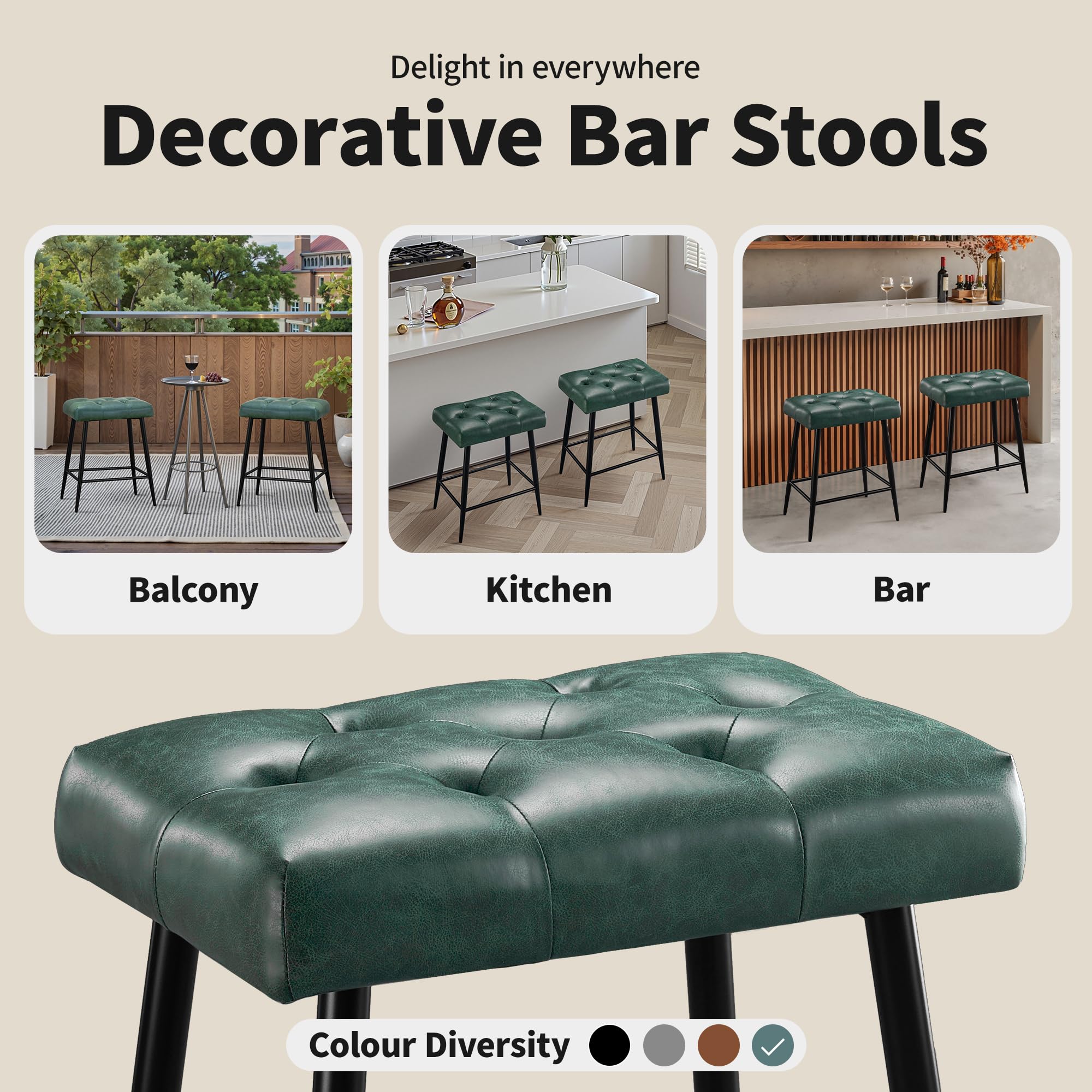 Bar Stools Set of 2, 24 Inch Counter Height Bar Stool for Kitchen Island, Modern Bar Hight Stools with Sturdy Metal Base and Thickened Saddle Cushion, 330Lbs, Green