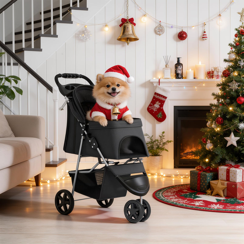 Foldable Pet Stroller with Weather Cover, 3 Wheels Pet Strolling Cart for Small/Medium Dogs and Cats with Storage Basket and Cup Holder, Breathable and Visible Mesh for All-Season, Black