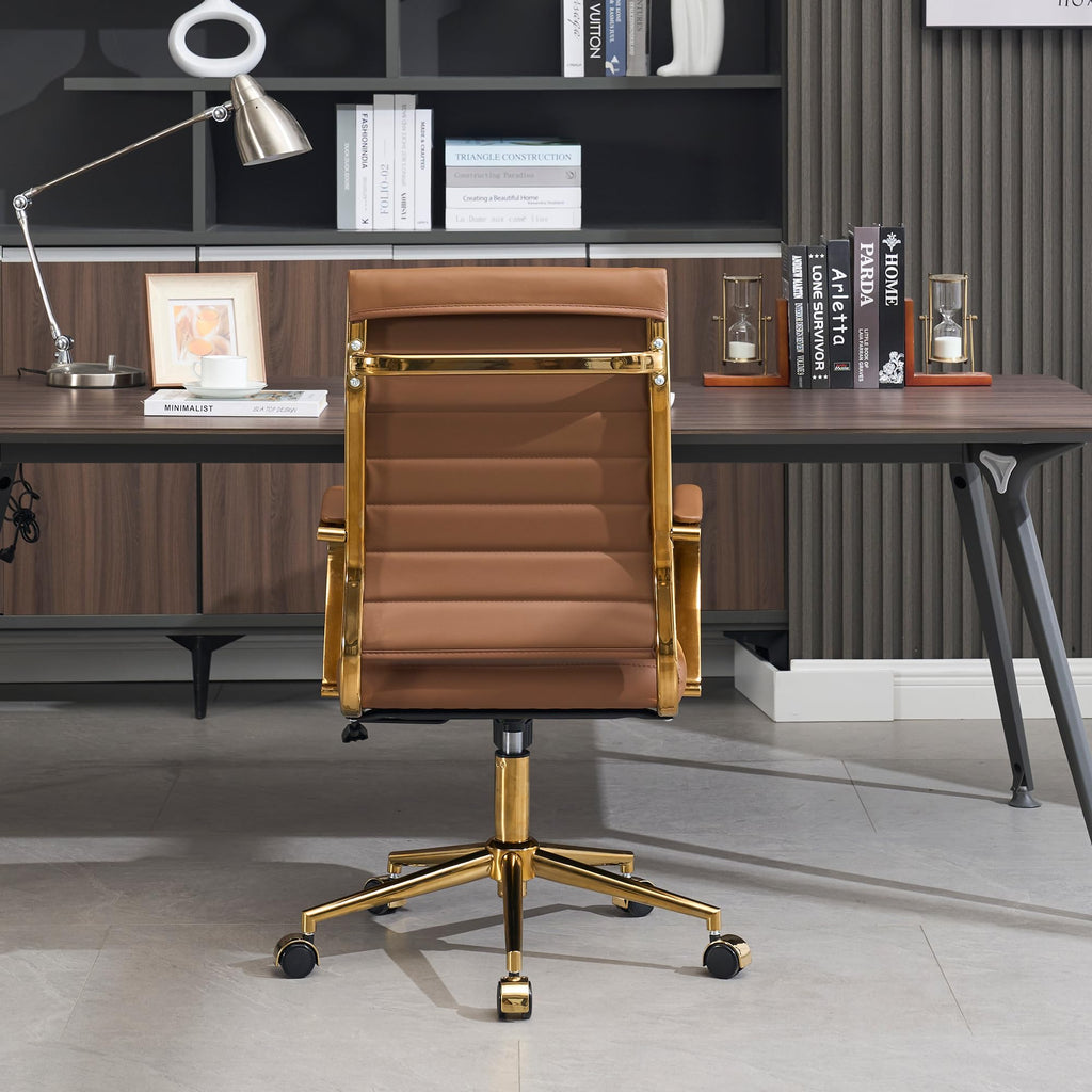 Gold Office Desk Chair, Ergonomic Leather Modern Conference Room Chairs, Executive Ribbed Height Adjustable Swivel Rolling Golden Chair for Home Office.