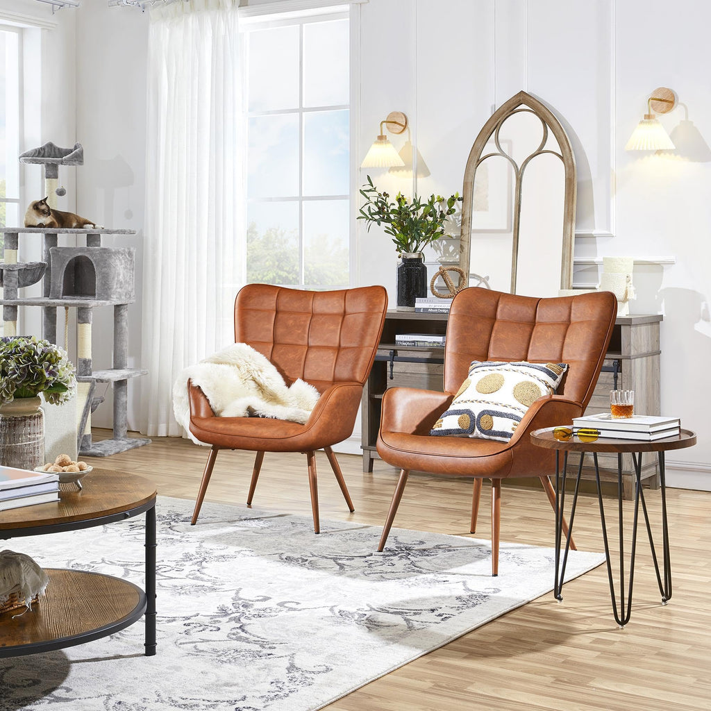 Accent Chairs, Large PU Leather High-Back Chair w/Metal Legs, Pottery Barn Style Living Room Chairs for Bedroom/Home Office, Brown, Set of 2