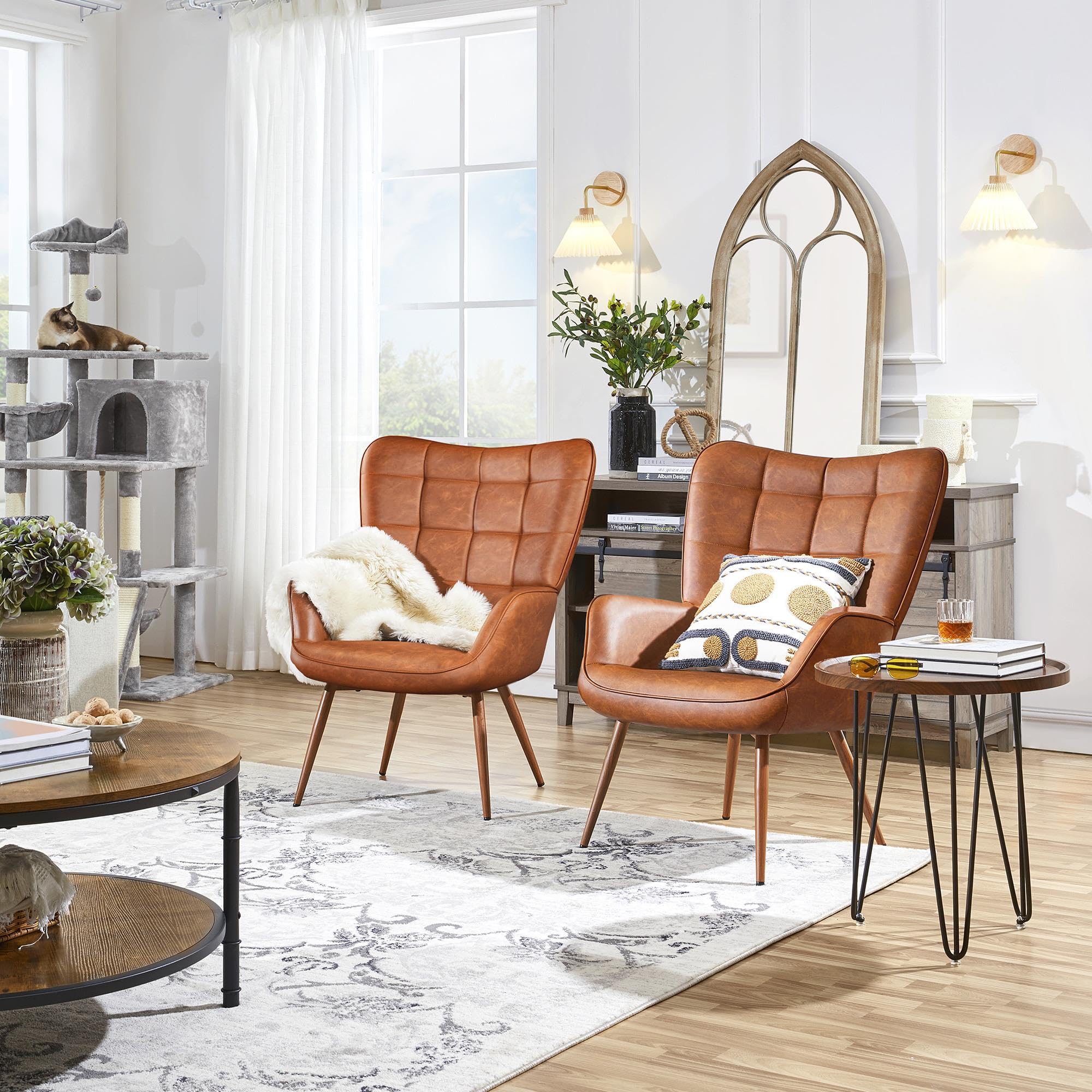 Accent Chairs, Large PU Leather High-Back Chair w/Metal Legs, Pottery Barn Style Living Room Chairs for Bedroom/Home Office, Brown, Set of 2