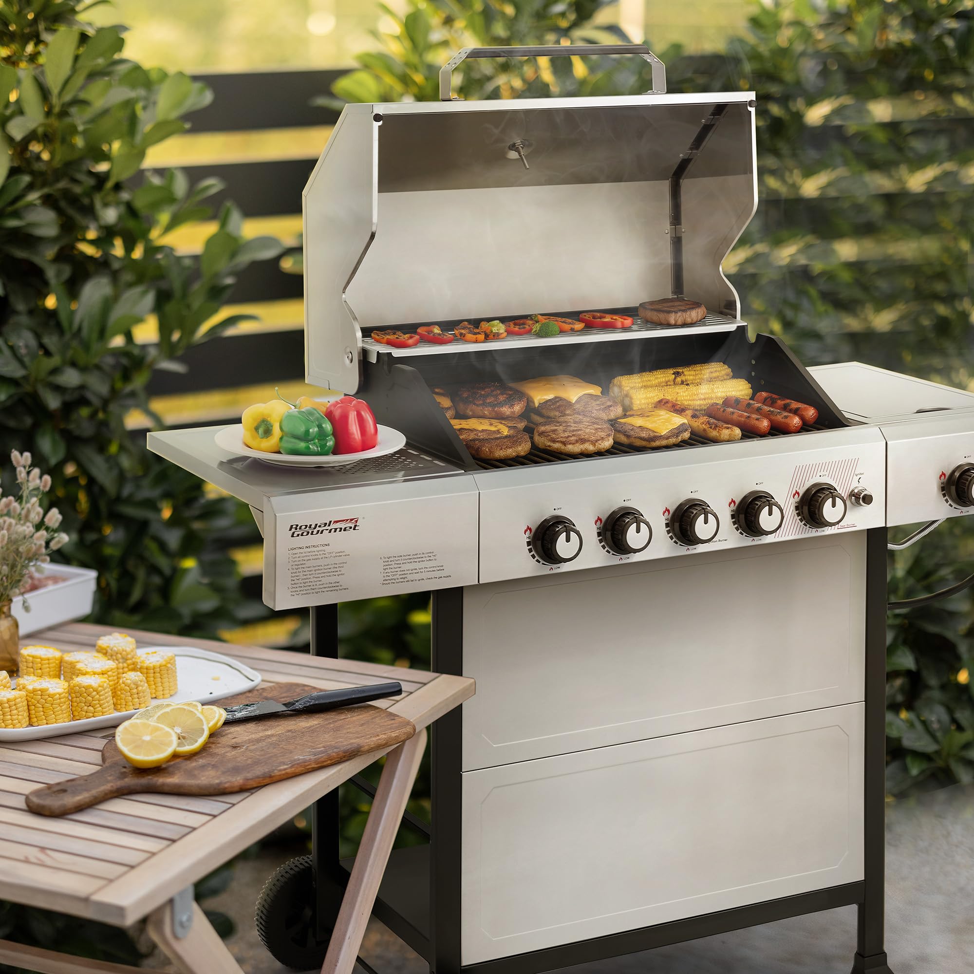 5-Burner BBQ Liquid Propane Gas Grill with Side Burner, Stainless Steel 61,000 BTU Output for Patio Garden Picnic Backyard Cooking, Silver