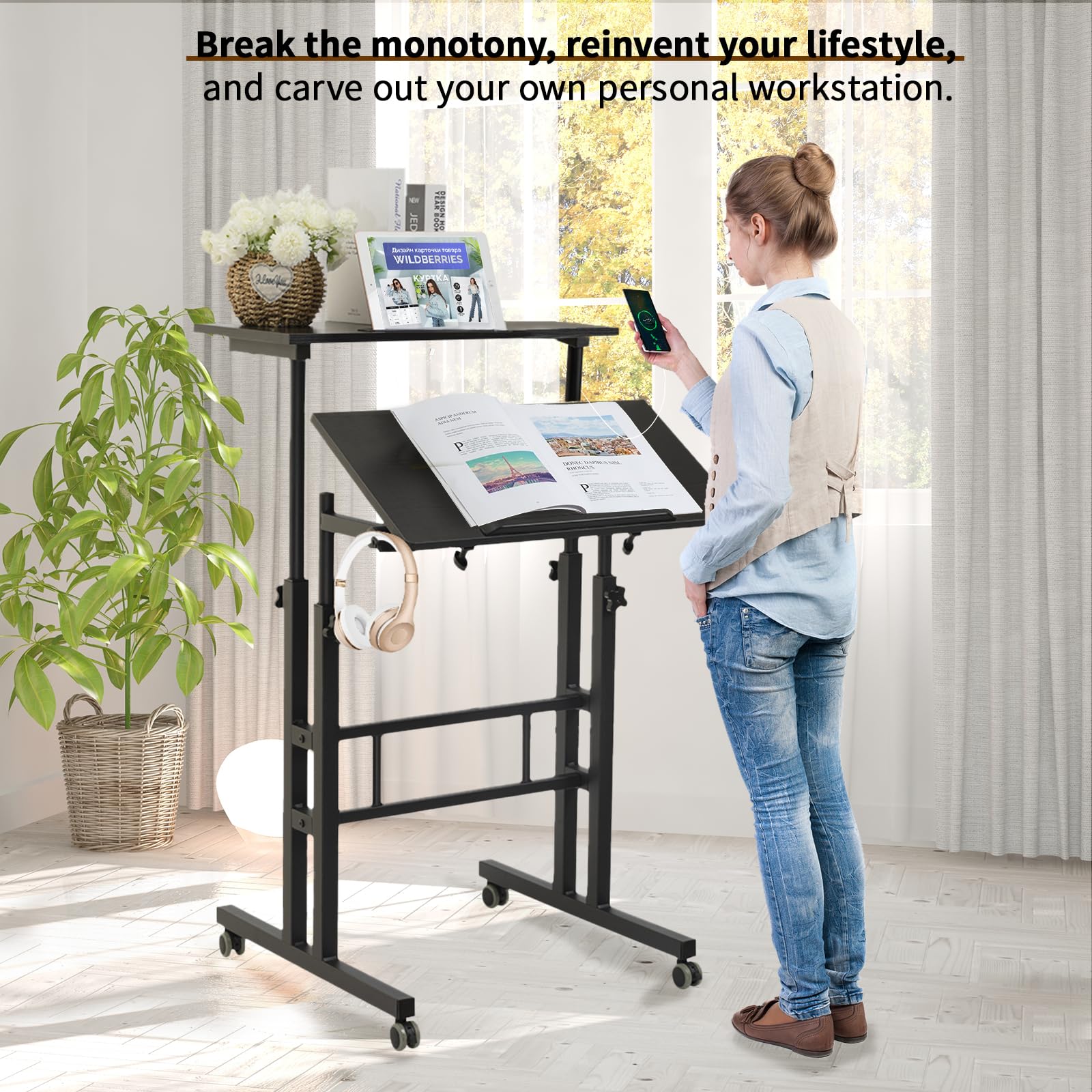 Mobile Standing Desk with Charging Station, Adjustable Standing Computer Desk, Standing Adjustable Laptop Cart with Wheels for Home Office Classroom Black