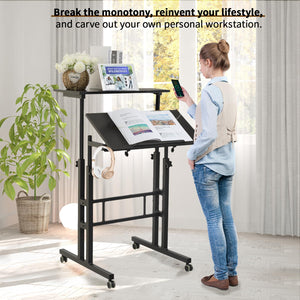 Mobile Standing Desk with Charging Station, Adjustable Standing Computer Desk, Standing Adjustable Laptop Cart with Wheels for Home Office Classroom Black