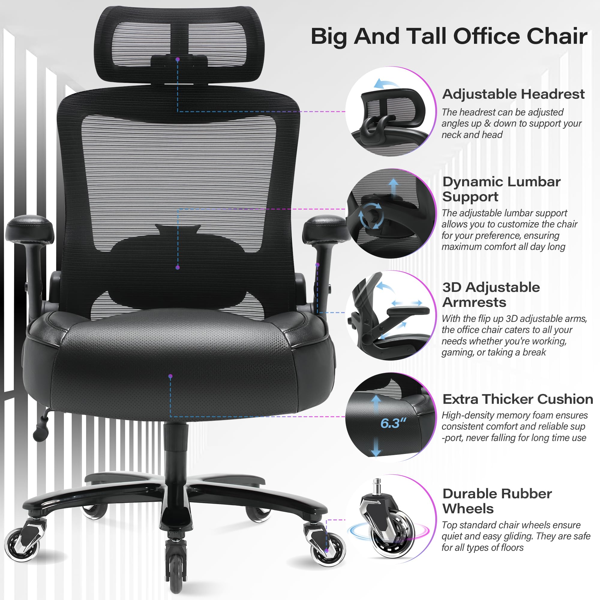 Big and Tall Office Chair 600lbs, Heavy Duty Executive Computer Desk Chair