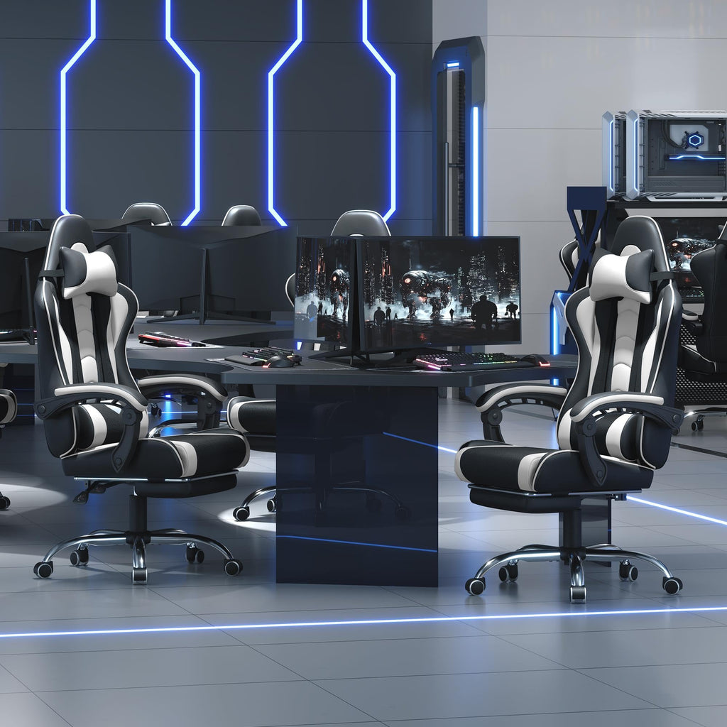 Gaming Chair with Electric Massage Lumbar Support, Footrest & Headrest — Ergonomic High Back Recliner for Home Office, Computer Desk Chair, Height Adjustable, 300 lbs, Black/White