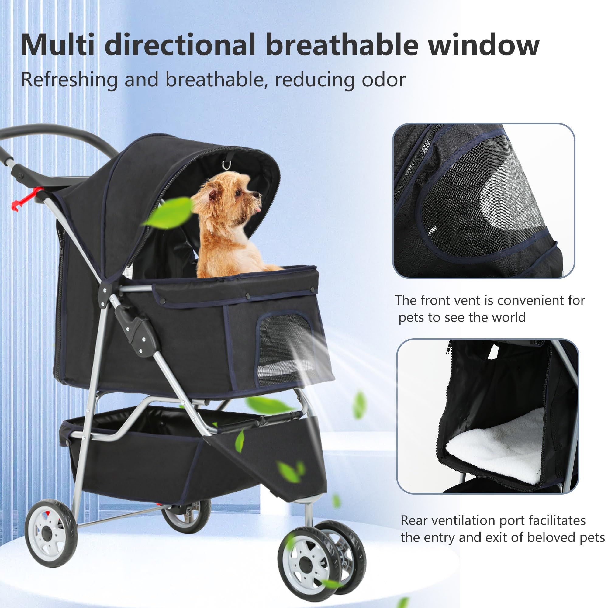 Pet Stroller 3-Wheel Durable Foldable Cat Dog Stroller with Washable Liner Storage Basket Cup Holder,Black