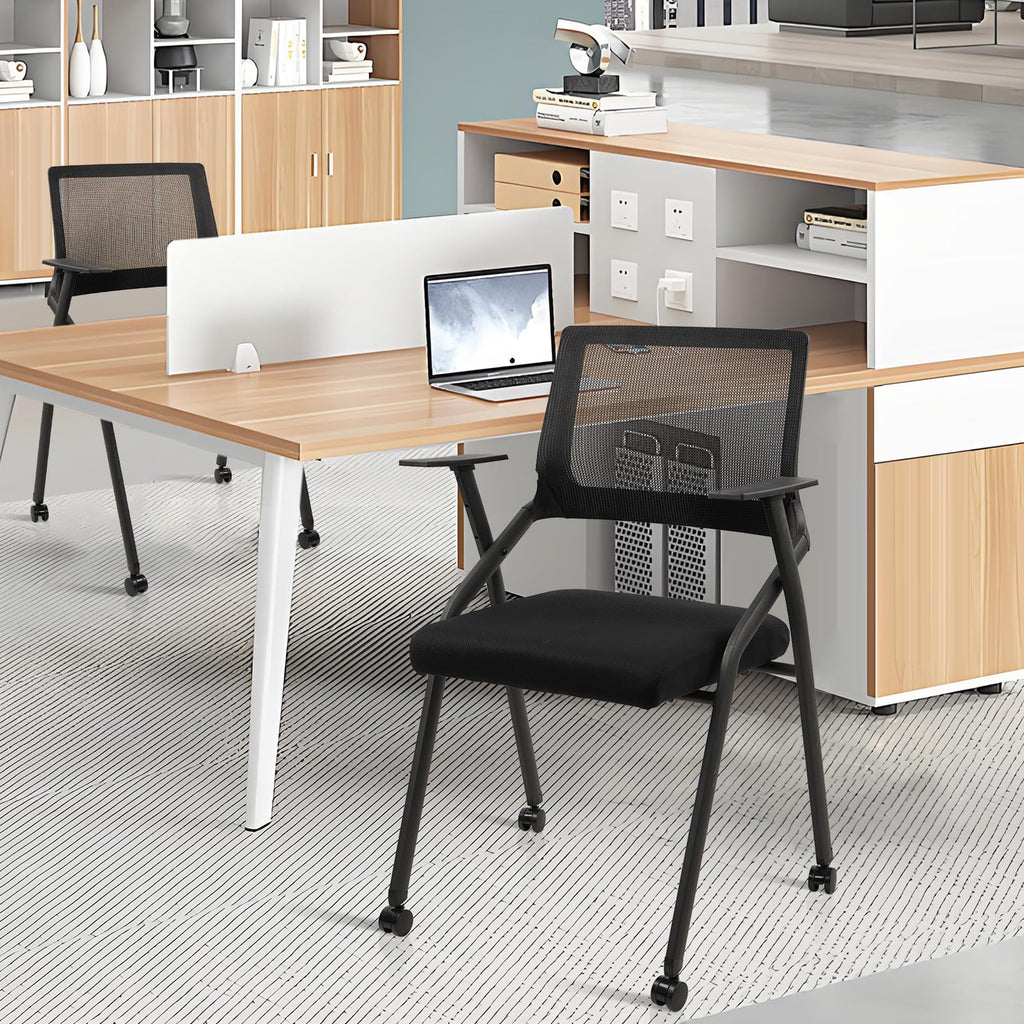 Stackable Foldable Conference Room Chairs with Wheels, Portable Padded Office Desk Chair with Lumbar Support and Armrest for Training Room, Guest, Reception, Black (1pk)