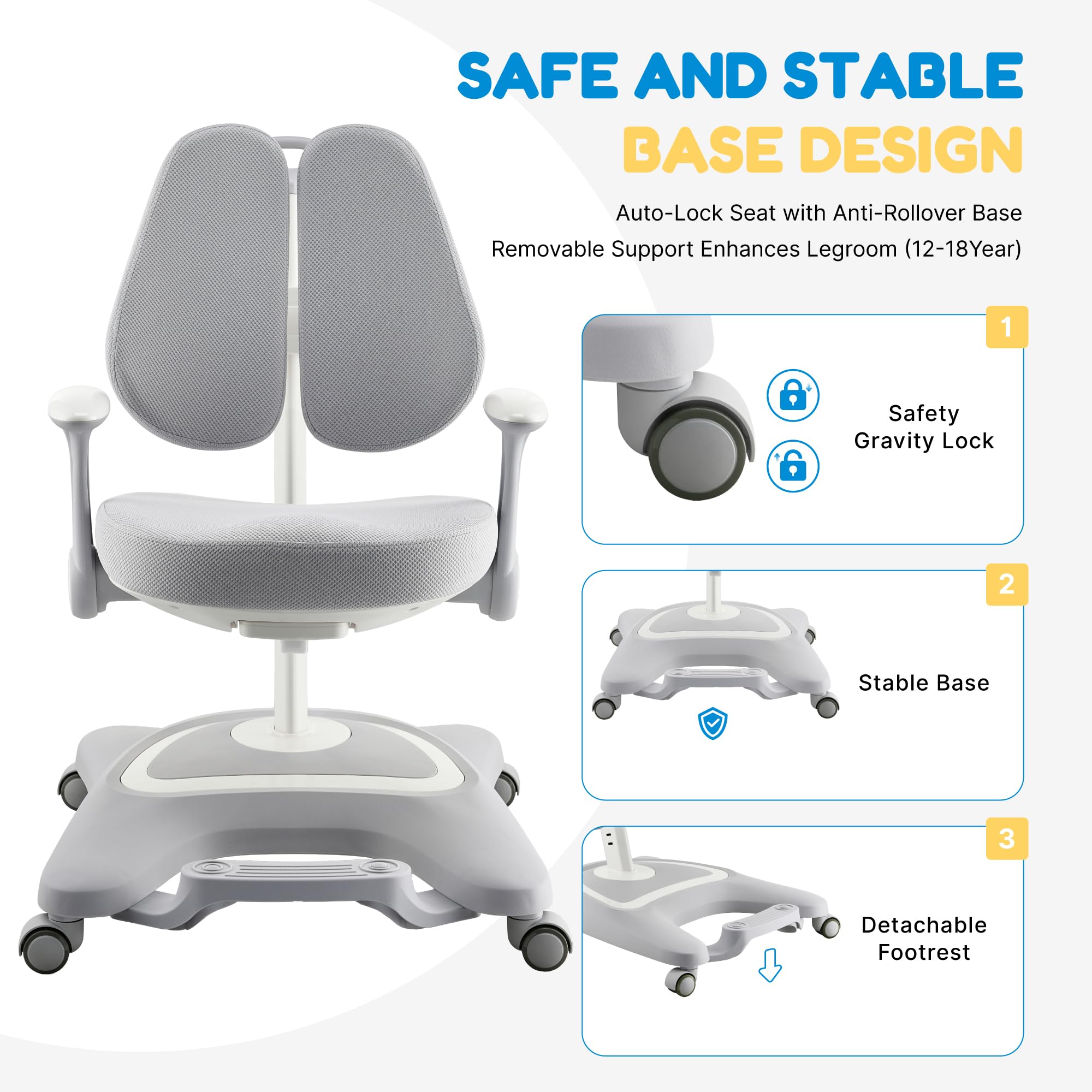 Kids Desk Chair,Ergonomic Chair: Height-Adjustable, Double Back Support – Multifunctional for Study/Work/Dining | Ideal for Kids, Petite Adults – Ultra-Comfy (Bedrooms, Schools, Offices)(Grey)