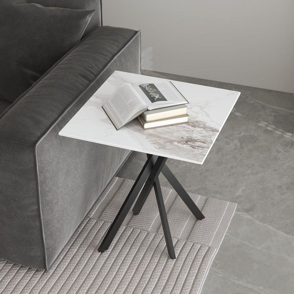 White Marble Side Coffee Table with Metal Legs, Samll Sintered Stone Square Modern End Table for Living Room Sofa Table Home Bed Office (1 Piece, 20"×20"×22")