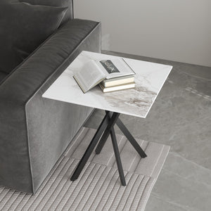 White Marble Side Coffee Table with Metal Legs, Samll Sintered Stone Square Modern End Table for Living Room Sofa Table Home Bed Office (1 Piece, 20