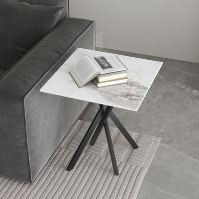 White Marble Side Coffee Table with Metal Legs, Samll Sintered Stone Square Modern End Table for Living Room Sofa Table Home Bed Office (1 Piece, 20
