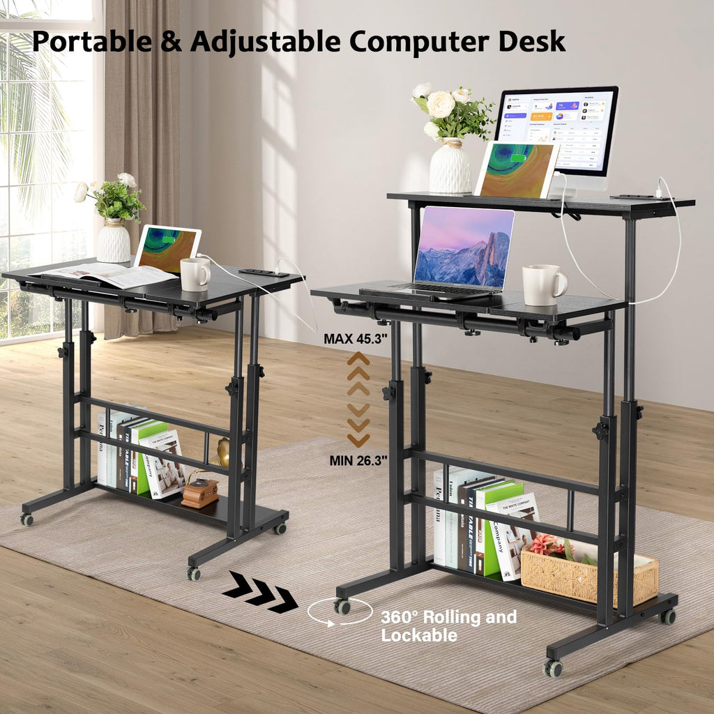Stand Up Desk, Rolling Desk Adjustable Height, Mobile Standing Desk with Wheels & Charging Station, Portable Stand for Laptop, Rolling Computer Cart TV Tray, Small Standing Desk Drawing Table
