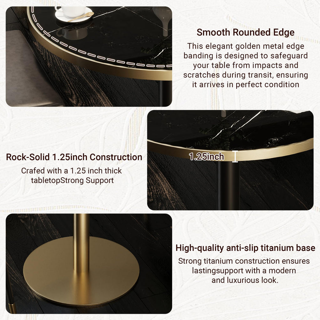 31.5" Tulip Table,Round Kitchen Dining Table for 2-4 with Thick Sintered Stone Top,Titanium Golden Pedestal Base,Heat-Resistant,Bistro Table for Dining Room,Café,Small Space（Inky Axis）