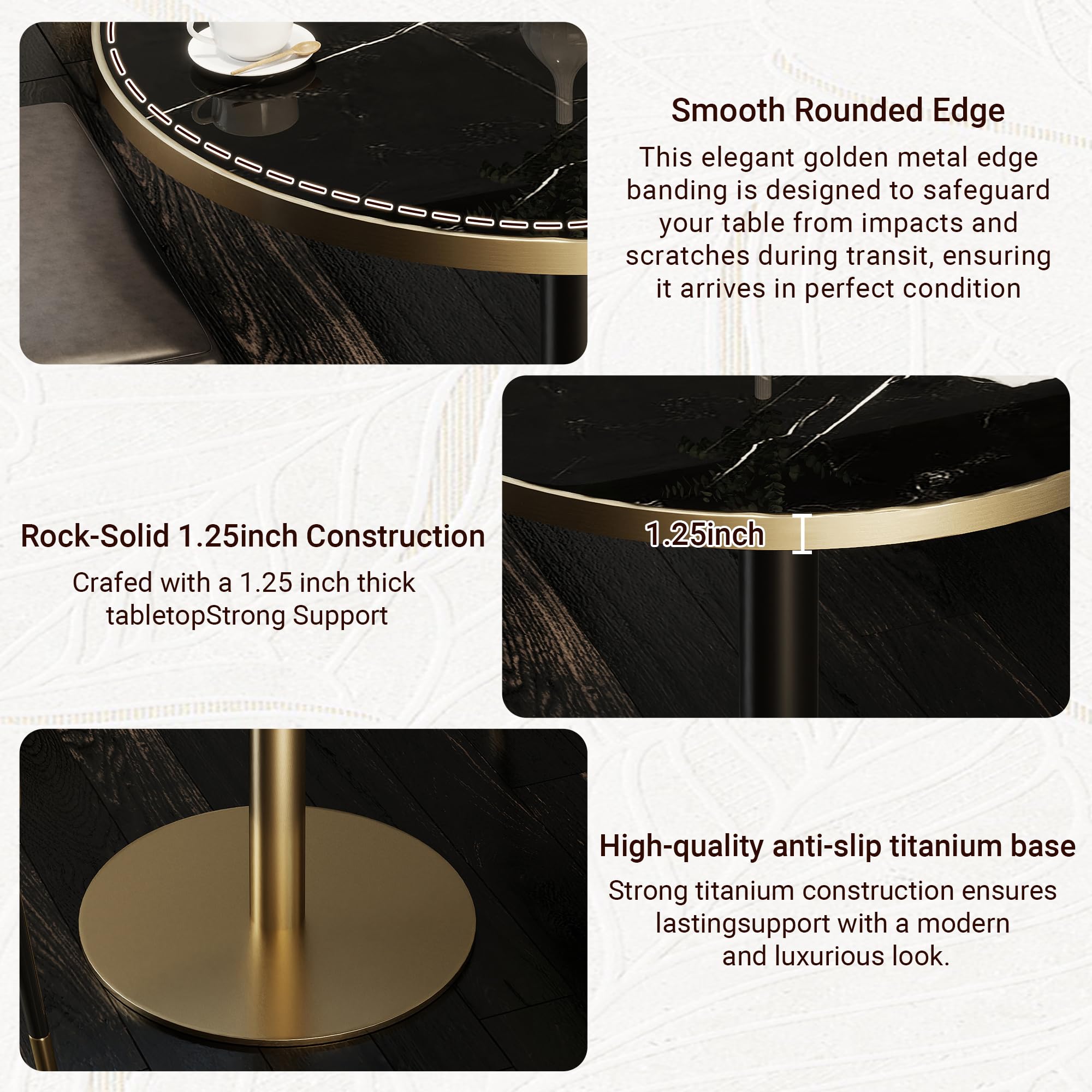31.5" Tulip Table,Round Kitchen Dining Table for 2-4 with Thick Sintered Stone Top,Titanium Golden Pedestal Base,Heat-Resistant,Bistro Table for Dining Room,Café,Small Space（Inky Axis）