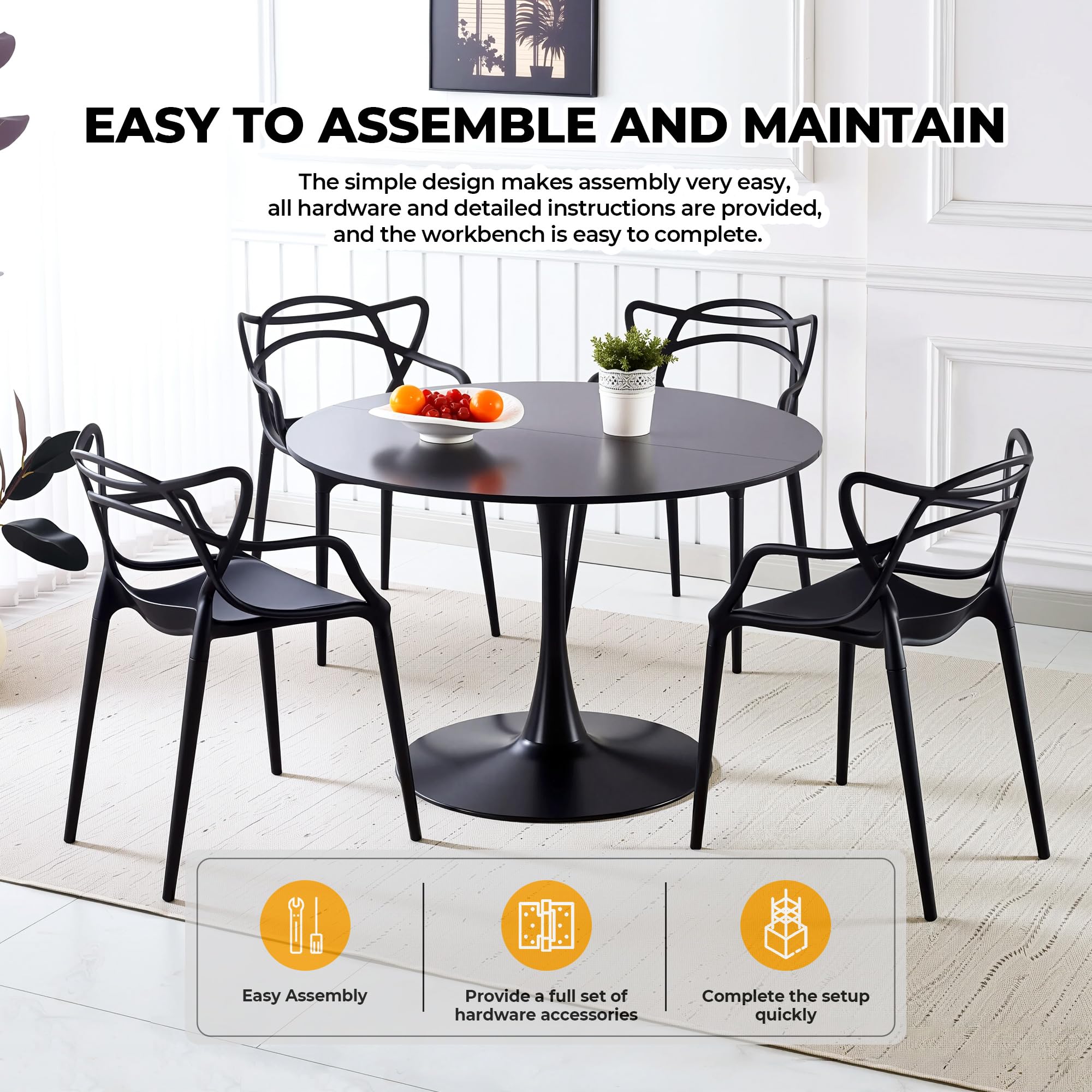 42" Tulip Table for 4-6 Persons Modern Round Dining Room Table, Mid-Century Modern Black Small Kitchen Table with MDF Wooden Top, Leisure Coffee Table for Living Room, Dining Room, Office