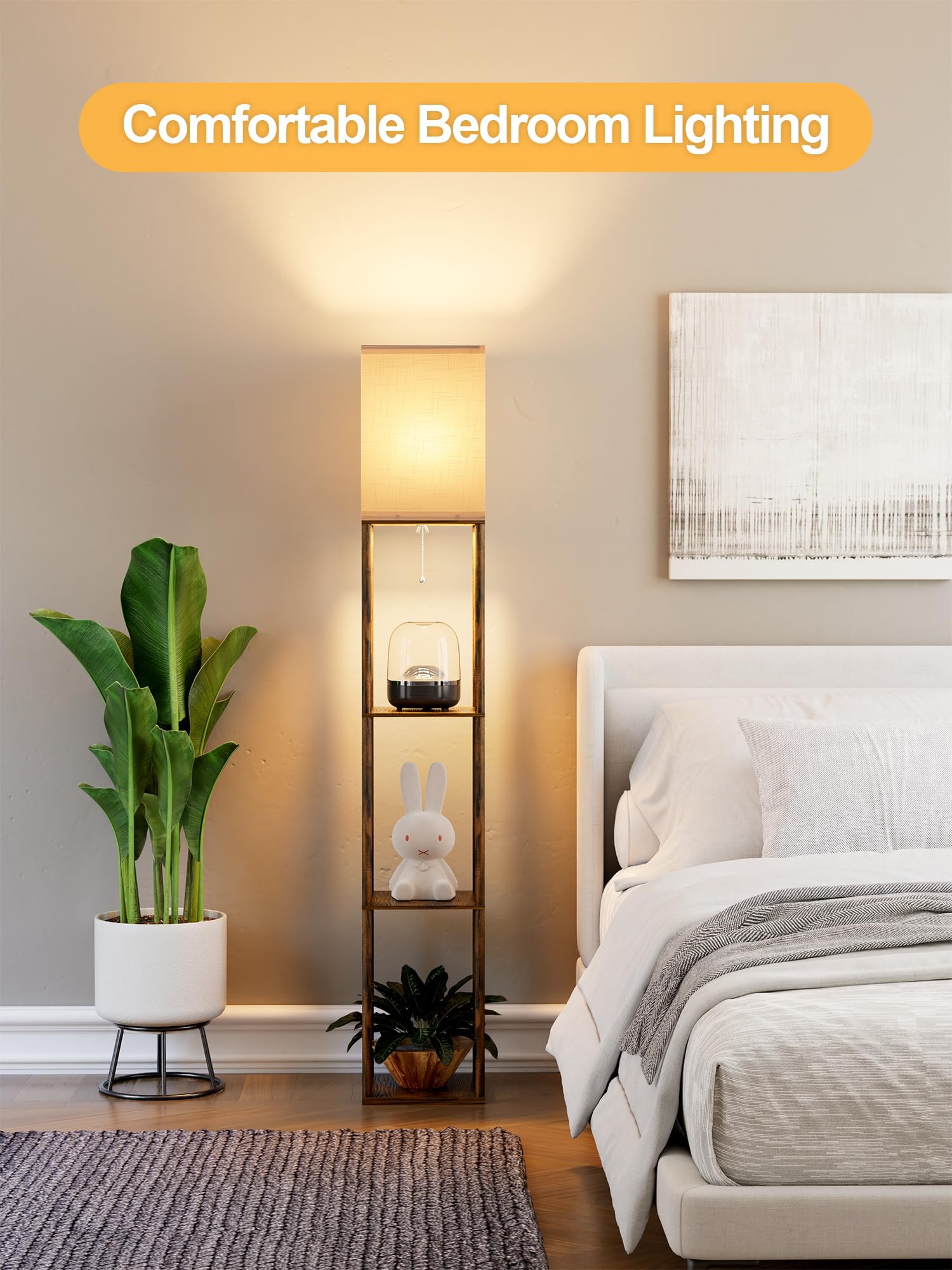 Floor Lamp with Shelves for Living Room Brown, Shelf Floor Lamp with 3 CCT LED Bulb, Corner Display Standing Column Lamp Etagere Organizer Tower Nightstand with White Linen Shade for Bedroom