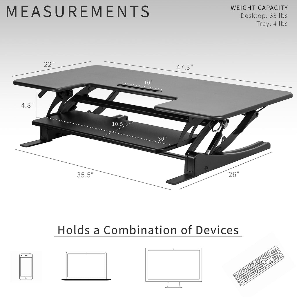 48 inch Height Adjustable Large Stand Up Desk Converter, V Series, Quick Sit to Stand Tabletop Dual Monitor Riser Workstation, Black, DESK-V048V