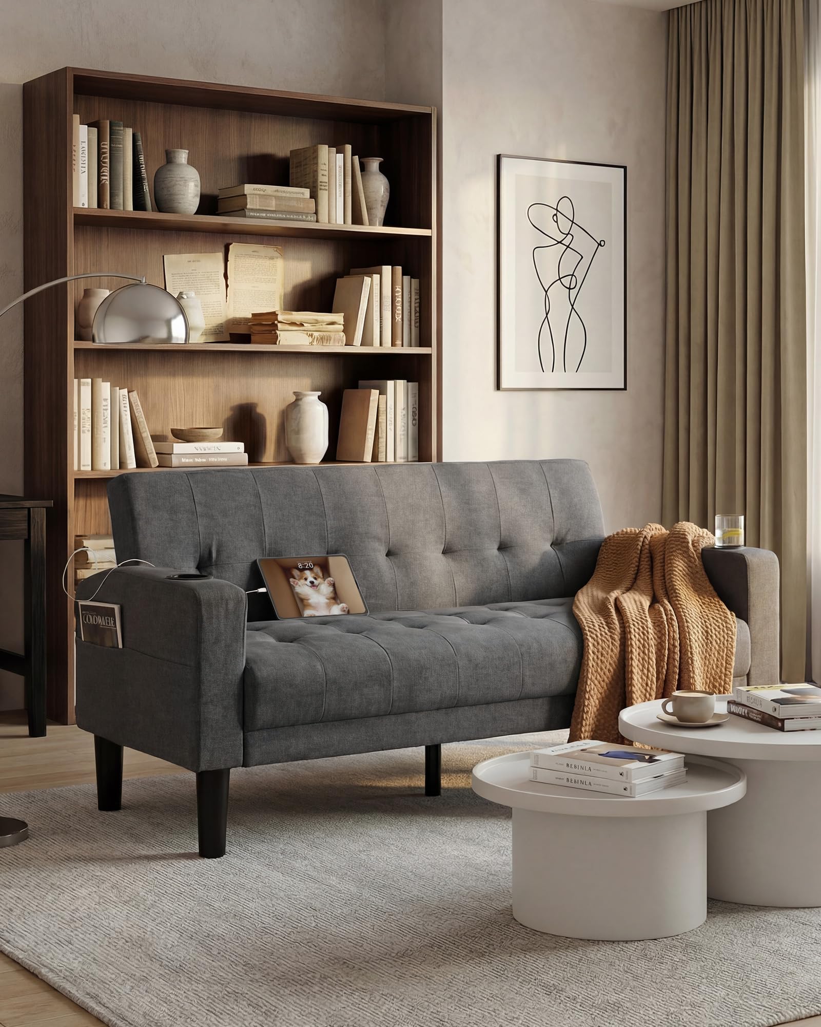 62 Inch Linen Upholstered Tufted Mid-Century Modern Loveseat Sofa w/ 2 USB Charger Ports and 2 Cupholders, Small Love Seat Couches for Living Room, Bedroom, Apartment, Dorm (Dark Grey)