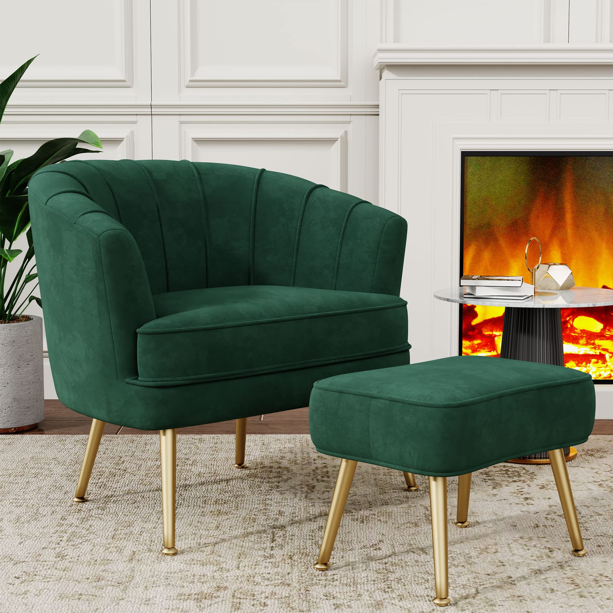 Velvet Accent Chair with Ottoman, Upholstered Modern Single Sofa Side Chair,Comfy Barrel Club Living Room Armchair with Golden Metal Legs for Bedroom Living Reading Room Office, Green