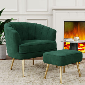 Velvet Accent Chair with Ottoman, Upholstered Modern Single Sofa Side Chair,Comfy Barrel Club Living Room Armchair with Golden Metal Legs for Bedroom Living Reading Room Office, Green