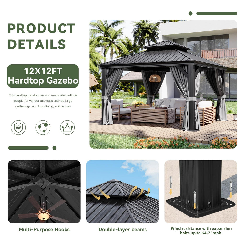 12' X 12' Hardtop Gazebo with Drainage System, Aluminum Outdoor Gazebo with Galvanized Steel Double Roof, Patio Permanent Metal Pavilion with Netting, for Garden, Deck, Grey
